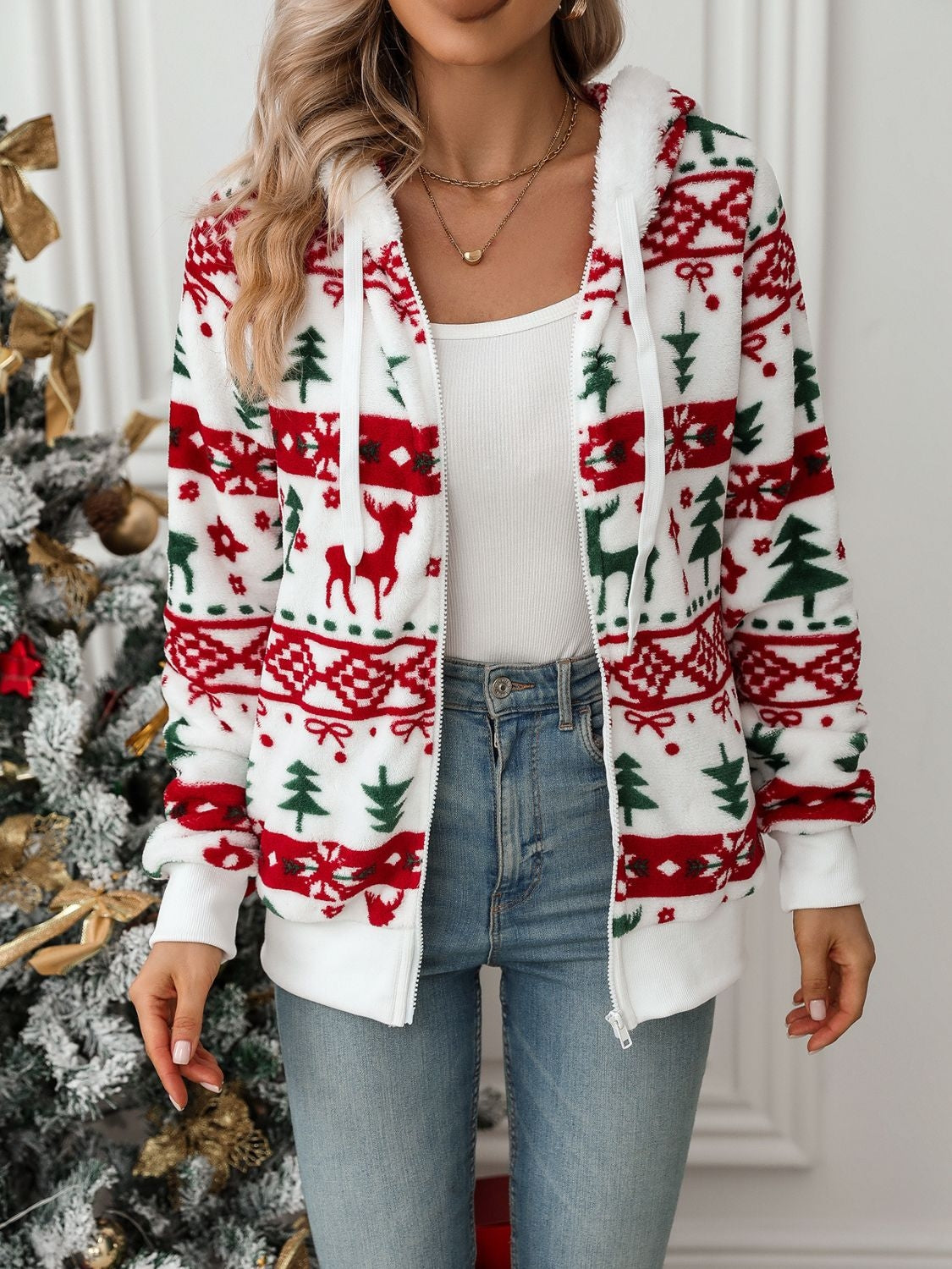 Dames Zachte Kerst Hoodie met Capuchon en Ritssluiting