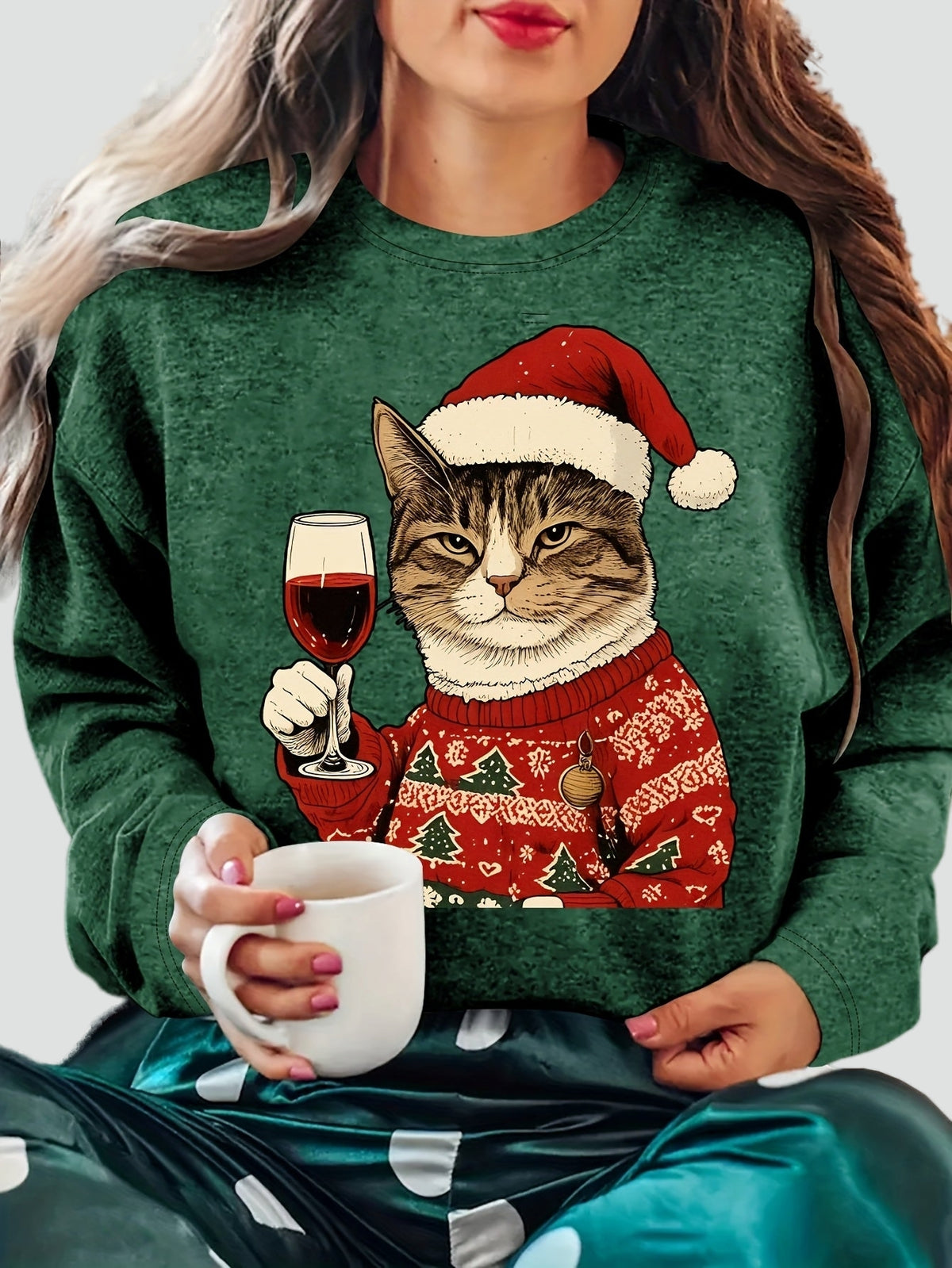 Dames Zachte Kersttrui met Kattenprint en Ronde Hals