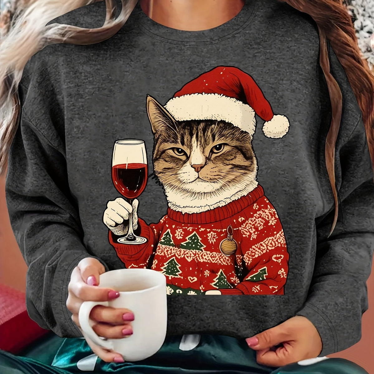Dames Zachte Kersttrui met Kattenprint en Ronde Hals