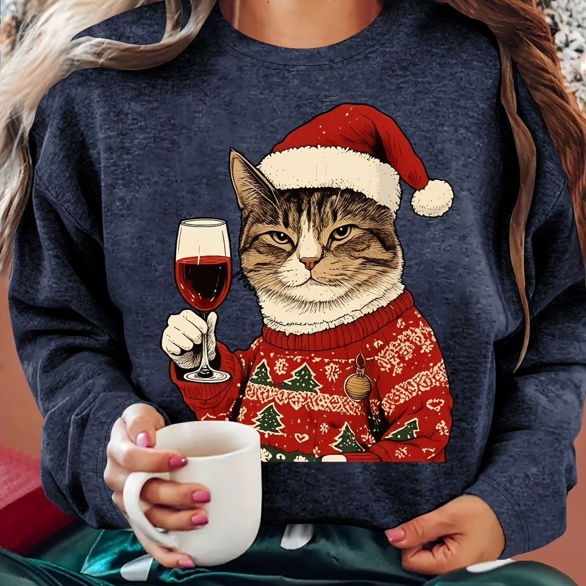 Dames Zachte Kersttrui met Kattenprint en Ronde Hals