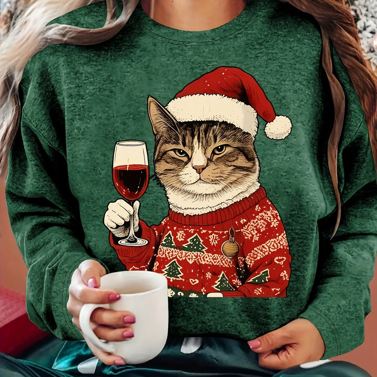 Dames Zachte Kersttrui met Kattenprint en Ronde Hals