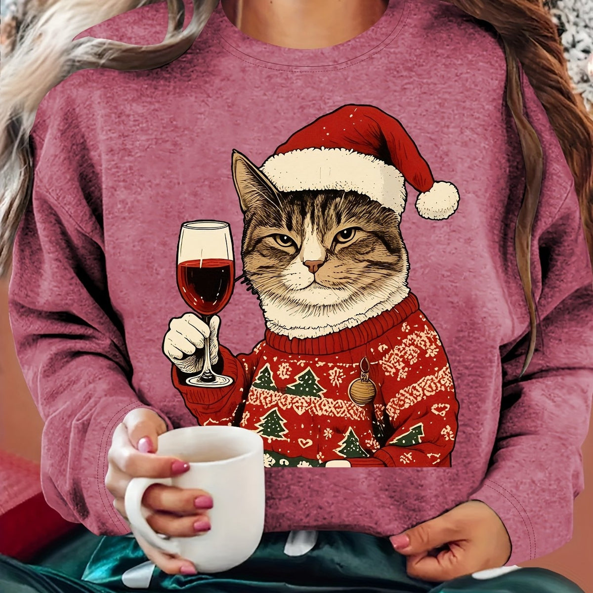 Dames Zachte Kersttrui met Kattenprint en Ronde Hals
