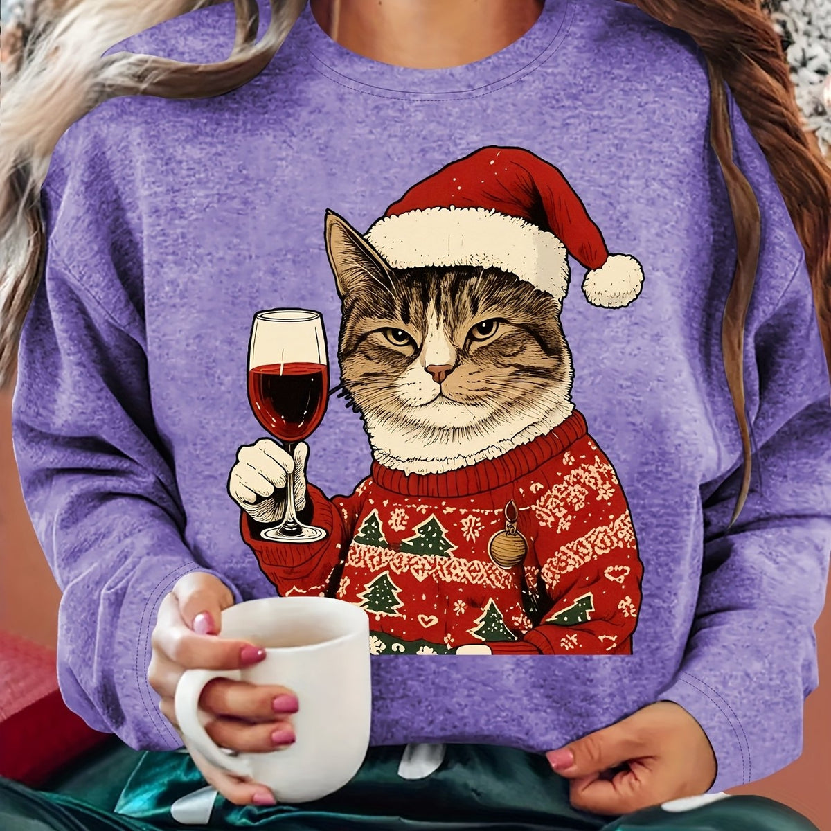 Dames Zachte Kersttrui met Kattenprint en Ronde Hals
