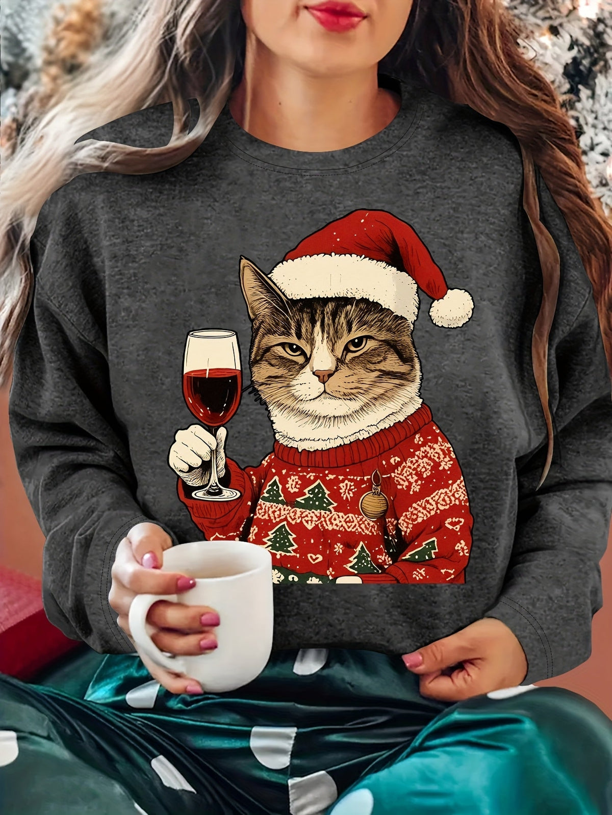 Dames Zachte Kersttrui met Kattenprint en Ronde Hals