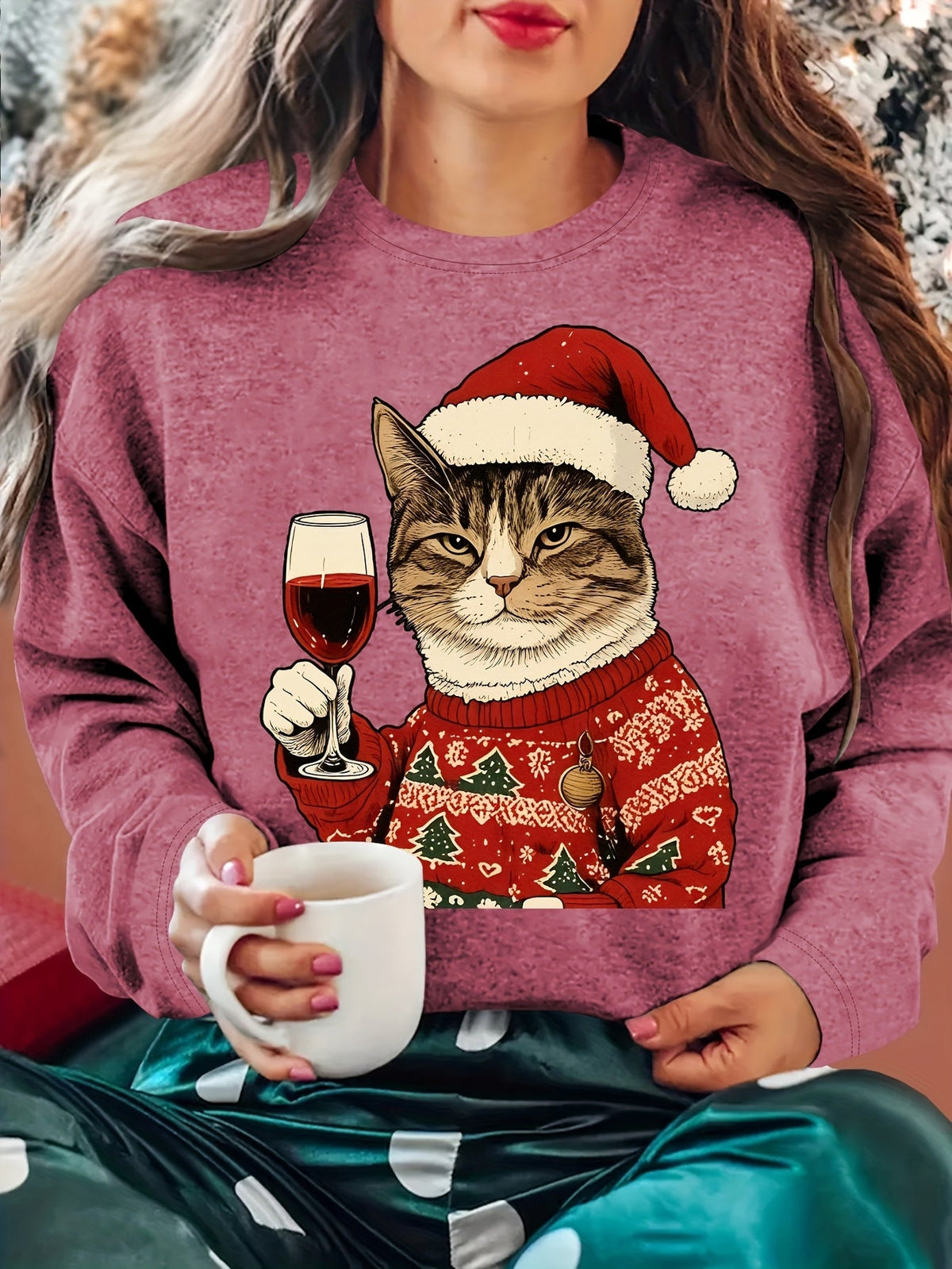 Dames Zachte Kersttrui met Kattenprint en Ronde Hals