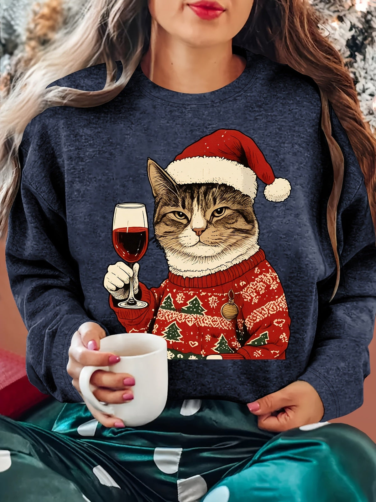 Dames Zachte Kersttrui met Kattenprint en Ronde Hals