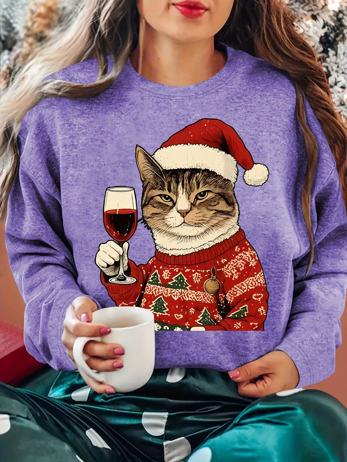 Dames Zachte Kersttrui met Kattenprint en Ronde Hals