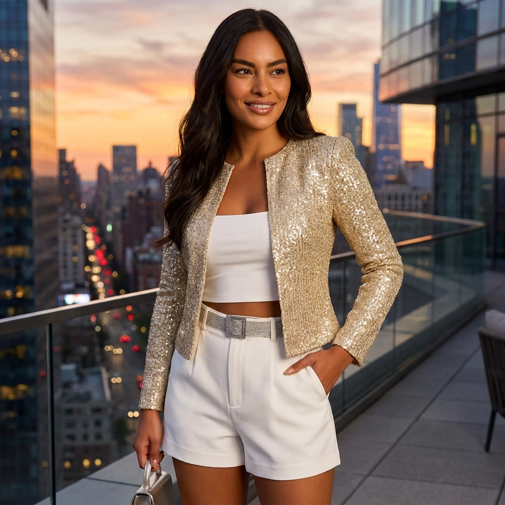 Blazer corto de lentejuelas para mujer con parte delantera abierta