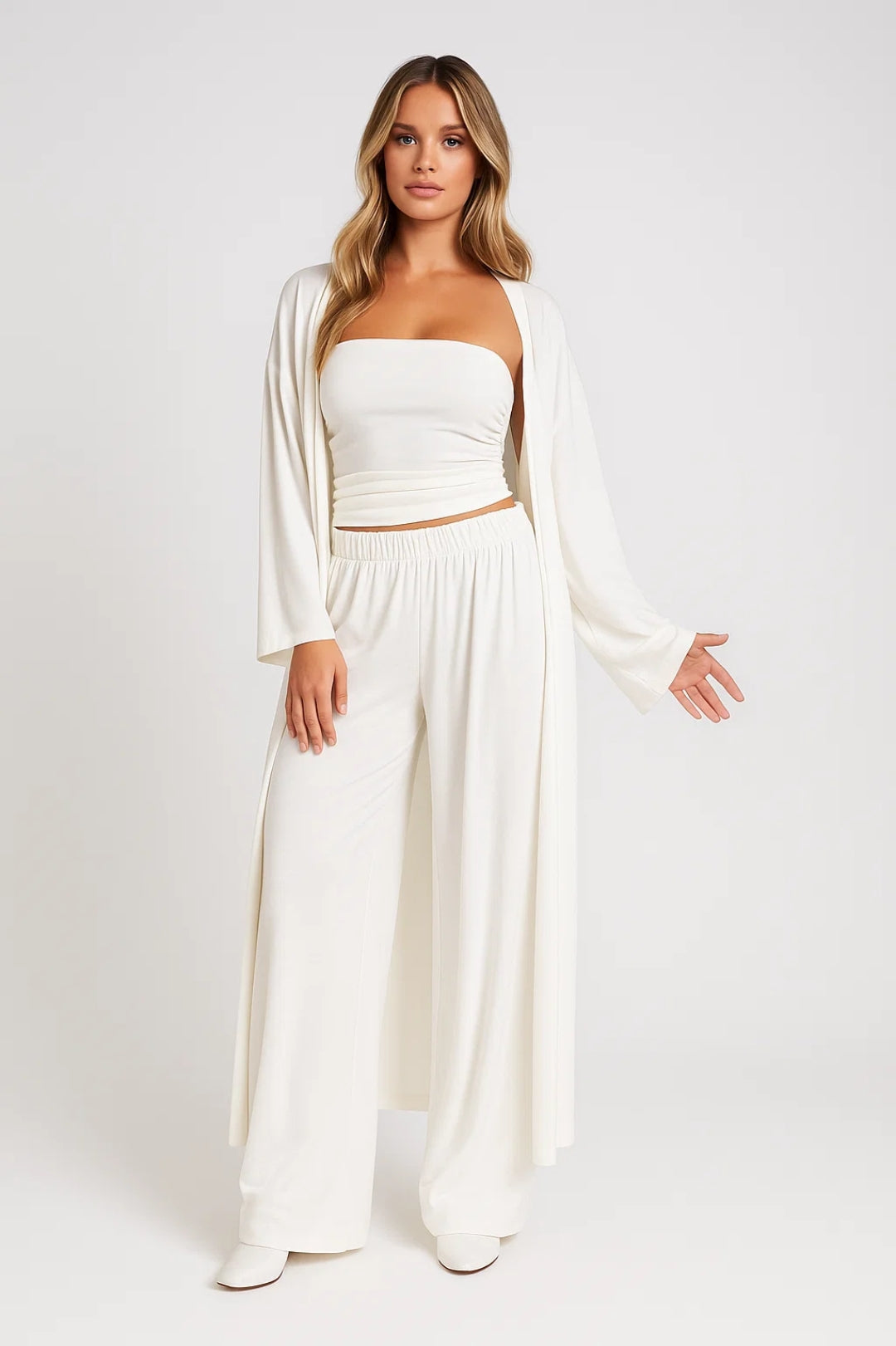 Ensemble trois pièces femme : top bustier, pantalon large, gilet