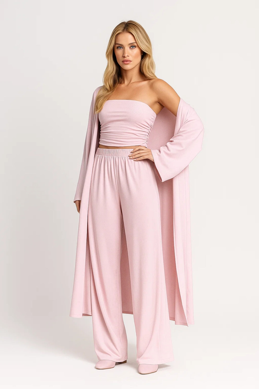 Ensemble trois pièces femme : top bustier, pantalon large, gilet