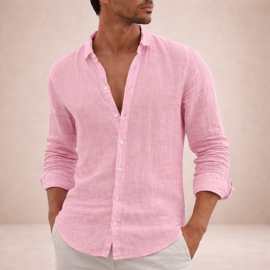 Camisa de lino para hombre corte regular tela fresca cuello abierto manga larga