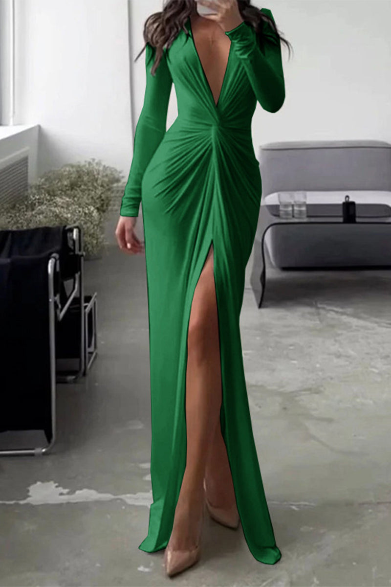 Robe femme coupe régulière col en V détails plissés formelle