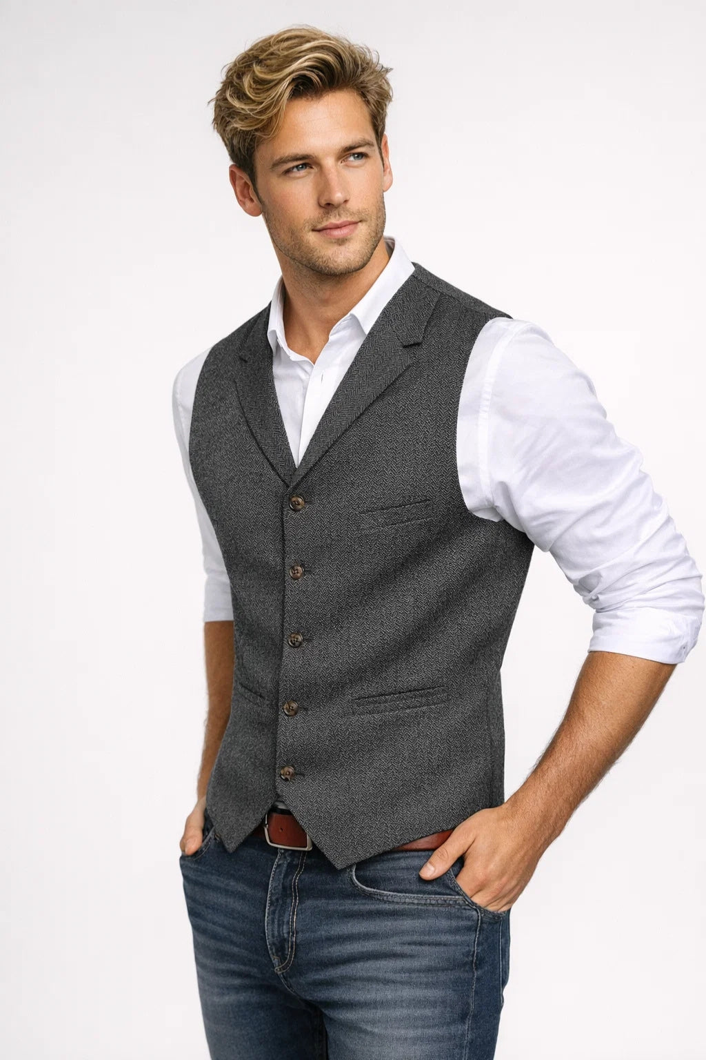 Gilet Heren Slim Fit Formeel Klassiek Knoopsluiting Revers