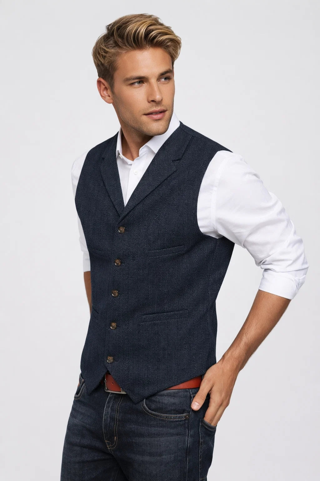 Gilet Heren Slim Fit Formeel Klassiek Knoopsluiting Revers