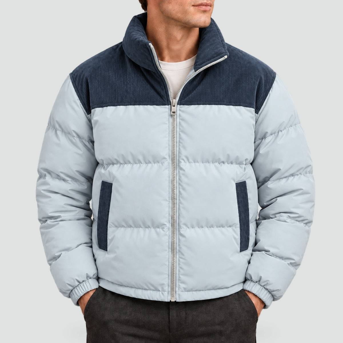 Heren Gewatteerd Puffer Jack met Corduroy Kraag en Zakken