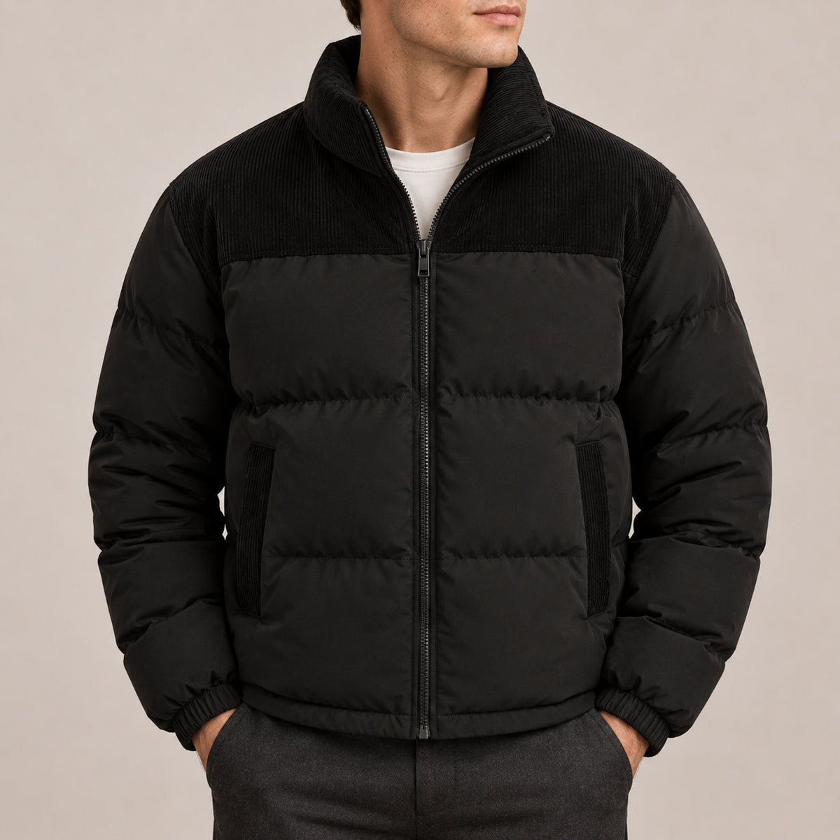 Heren Gewatteerd Puffer Jack met Corduroy Kraag en Zakken