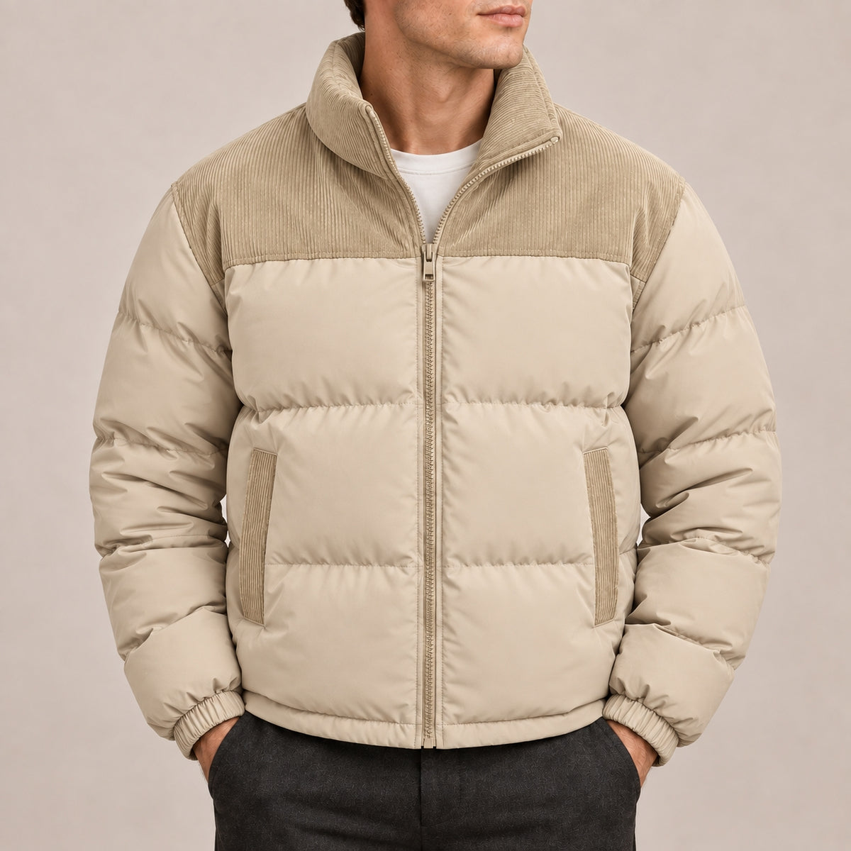 Heren Gewatteerd Puffer Jack met Corduroy Kraag en Zakken