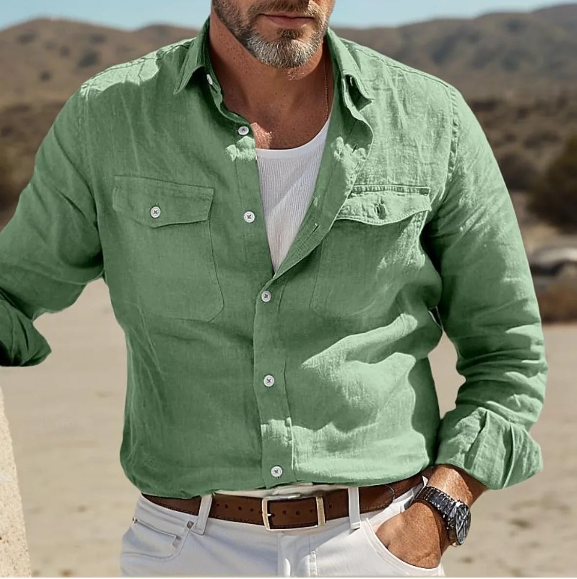 Camisa para hombre de manga larga con bolsillos en el pecho, casual