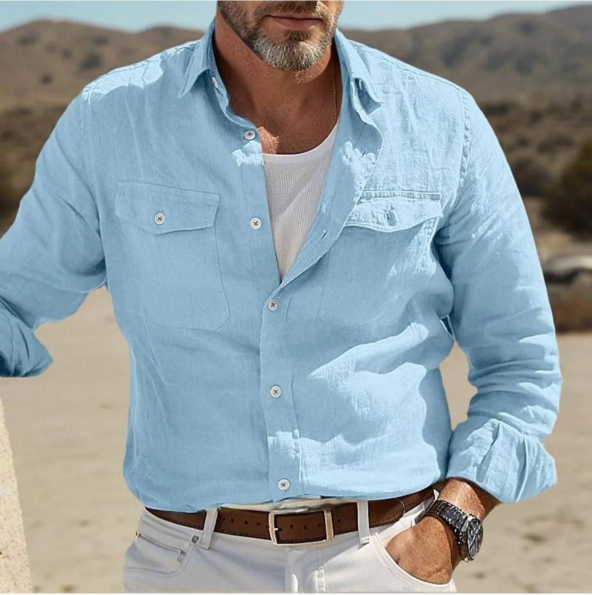Camisa para hombre de manga larga con bolsillos en el pecho, casual