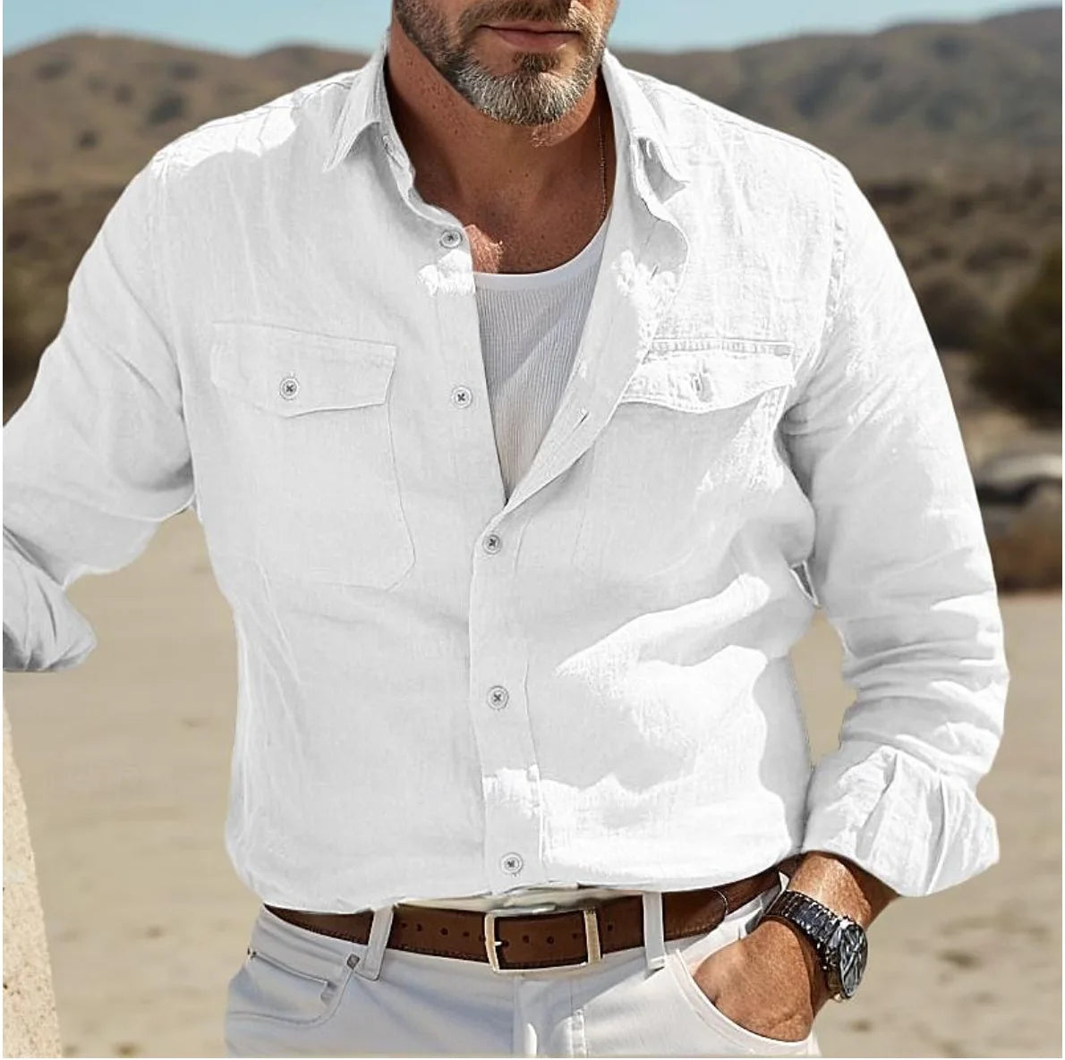 Camisa para hombre de manga larga con bolsillos en el pecho, casual