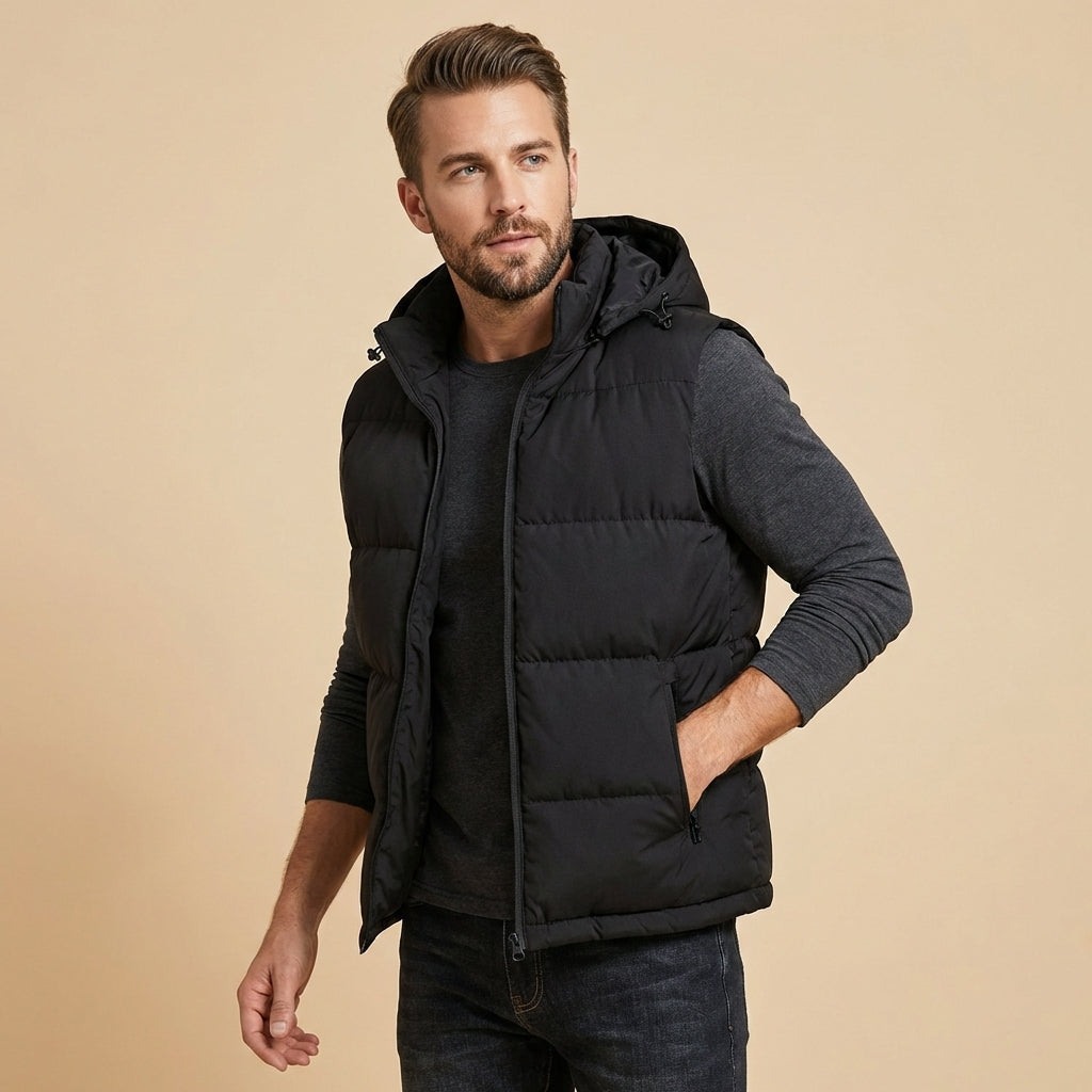 Heren Warme Gewatteerde Bodywarmer met Capuchon en Ritssluiting