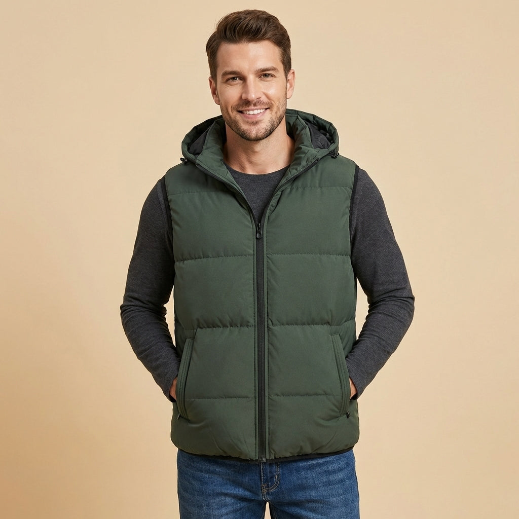 Heren Warme Gewatteerde Bodywarmer met Capuchon en Ritssluiting