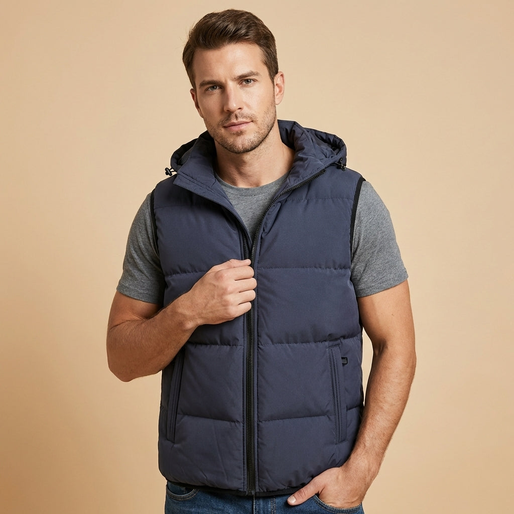 Heren Warme Gewatteerde Bodywarmer met Capuchon en Ritssluiting