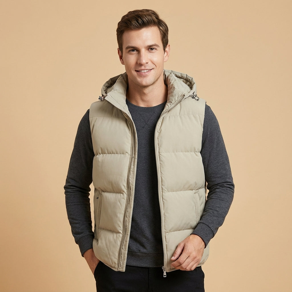Heren Warme Gewatteerde Bodywarmer met Capuchon en Ritssluiting