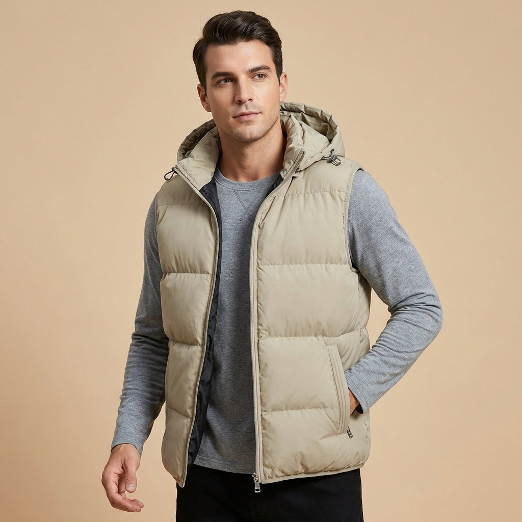 Heren Warme Gewatteerde Bodywarmer met Capuchon en Ritssluiting