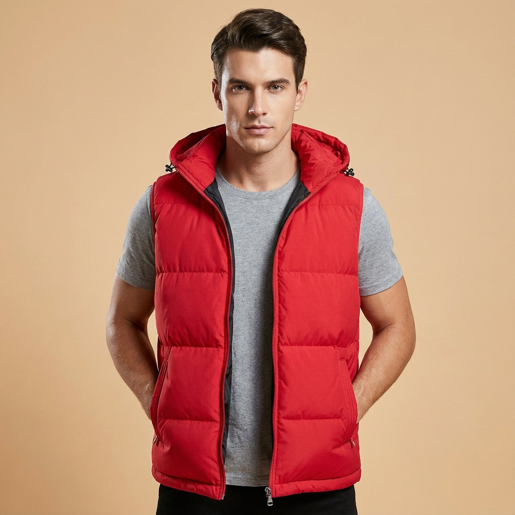 Heren Warme Gewatteerde Bodywarmer met Capuchon en Ritssluiting