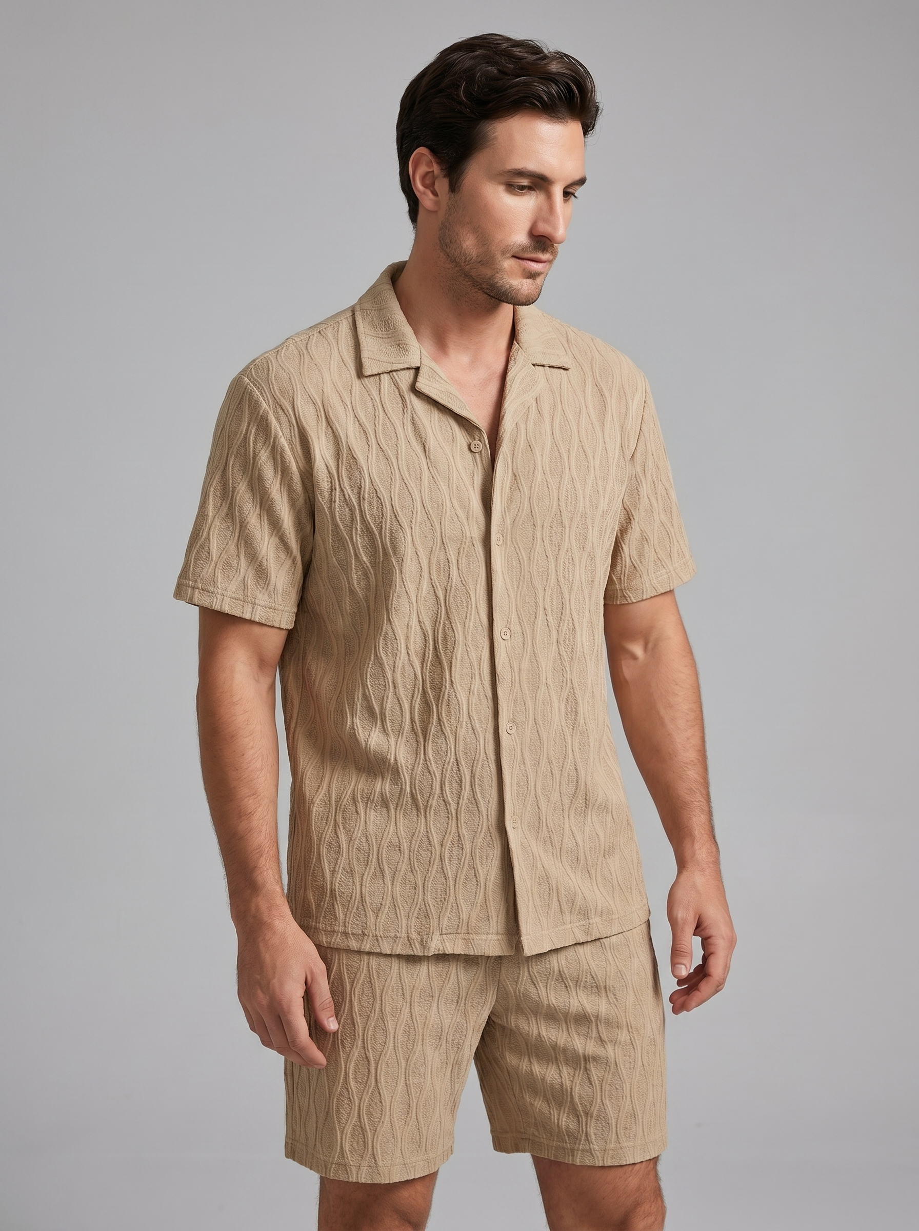 Herenpak Camp Shirt Shorts Jacquard Wave Zomer