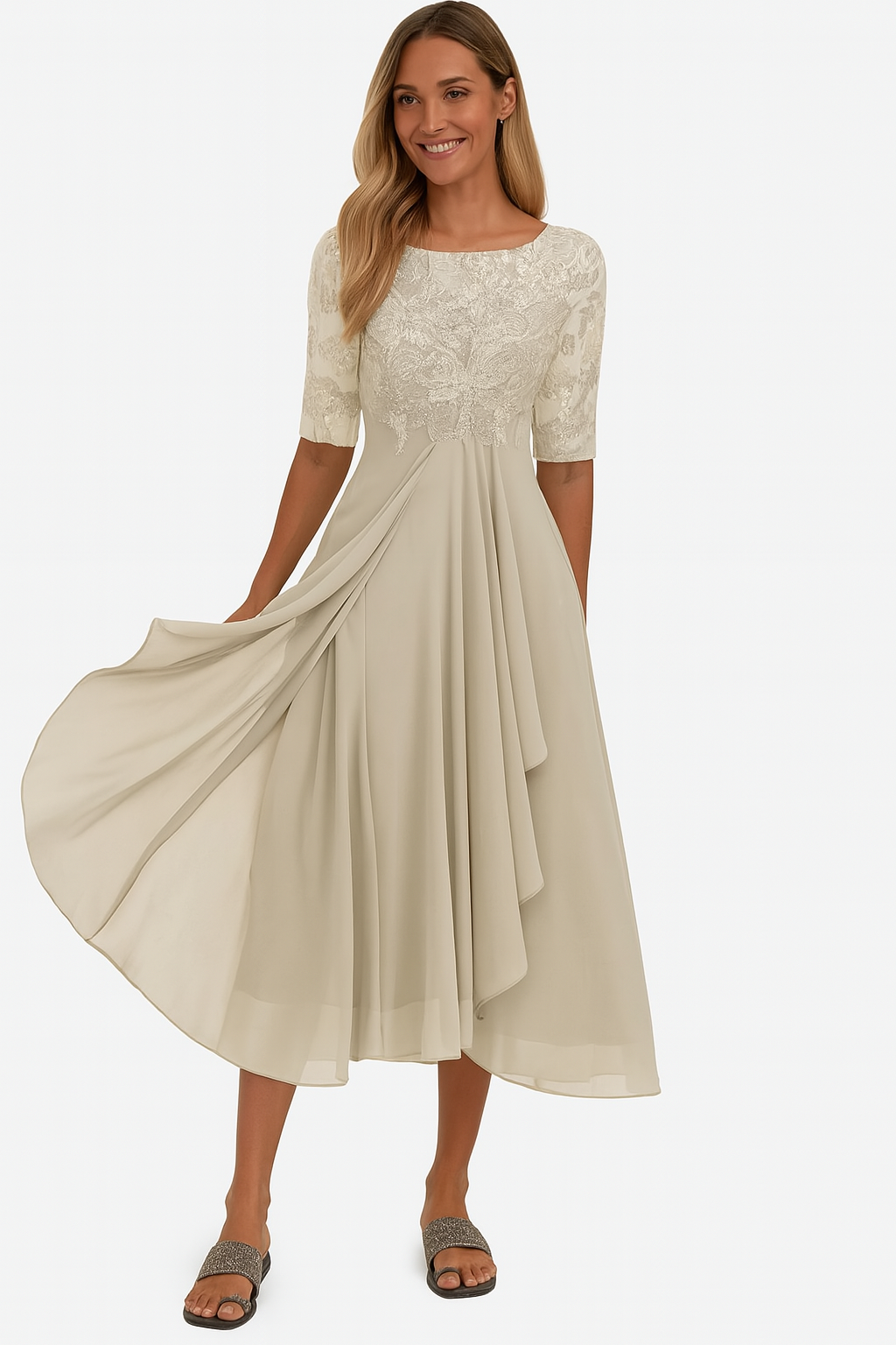 Vestido para mujer línea A, mangas cortas, altura a la rodilla, encaje