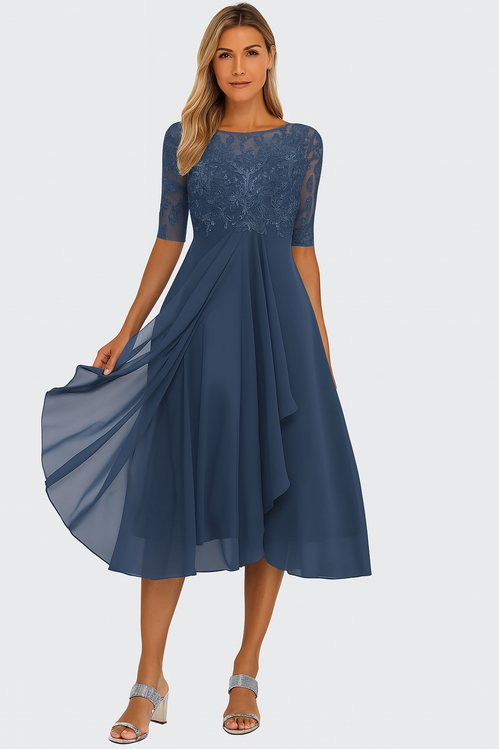 Vestido para mujer línea A, mangas cortas, altura a la rodilla, encaje