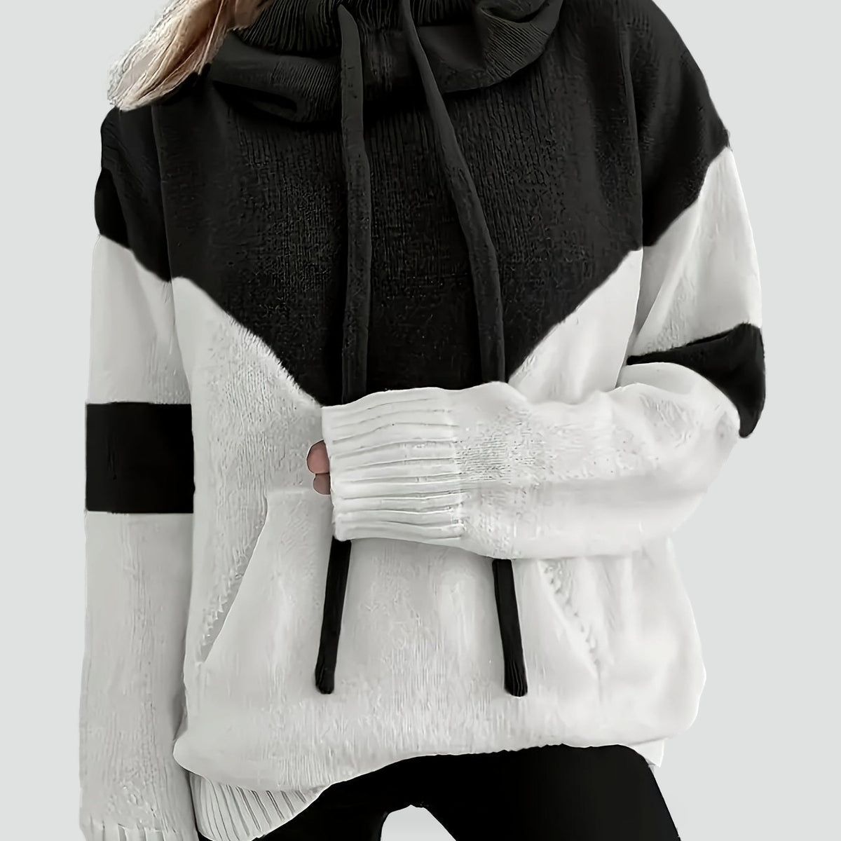 Knusse Gebreide Hoodie met Colorblock en Koordkap voor Dames