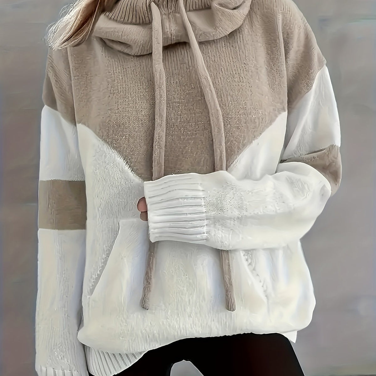 Knusse Gebreide Hoodie met Colorblock en Koordkap voor Dames