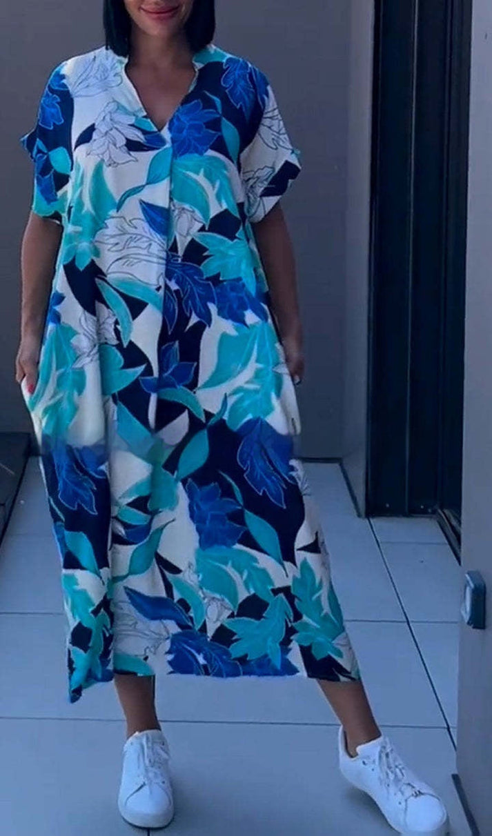 Vestido kaftán largo para mujer, escote en V, estampado, suelto