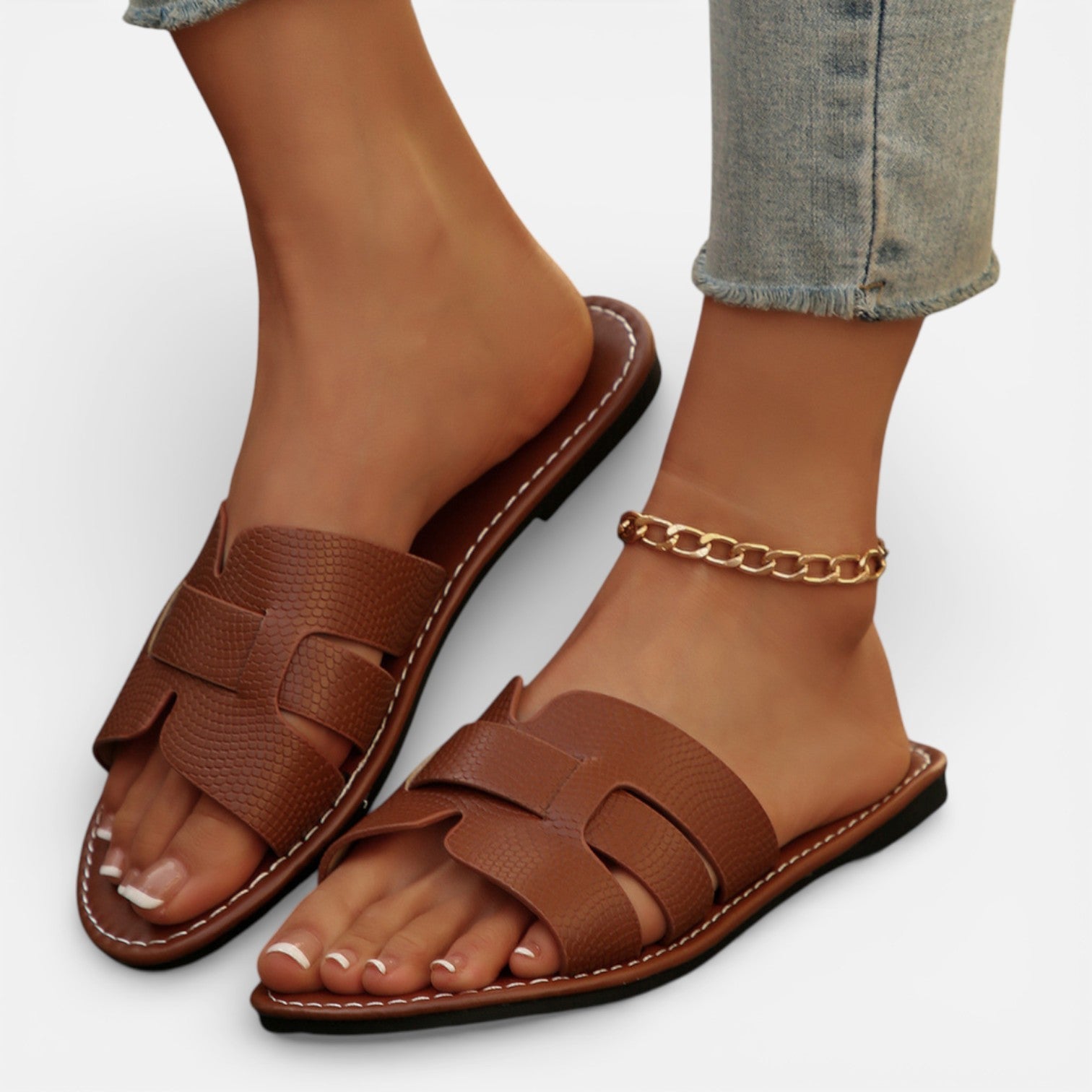 Sandalias de cuero para mujer con punta abierta, cómodas y planas