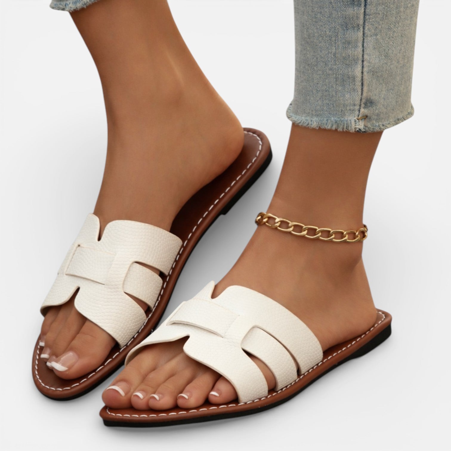 Sandalias de cuero para mujer con punta abierta, cómodas y planas