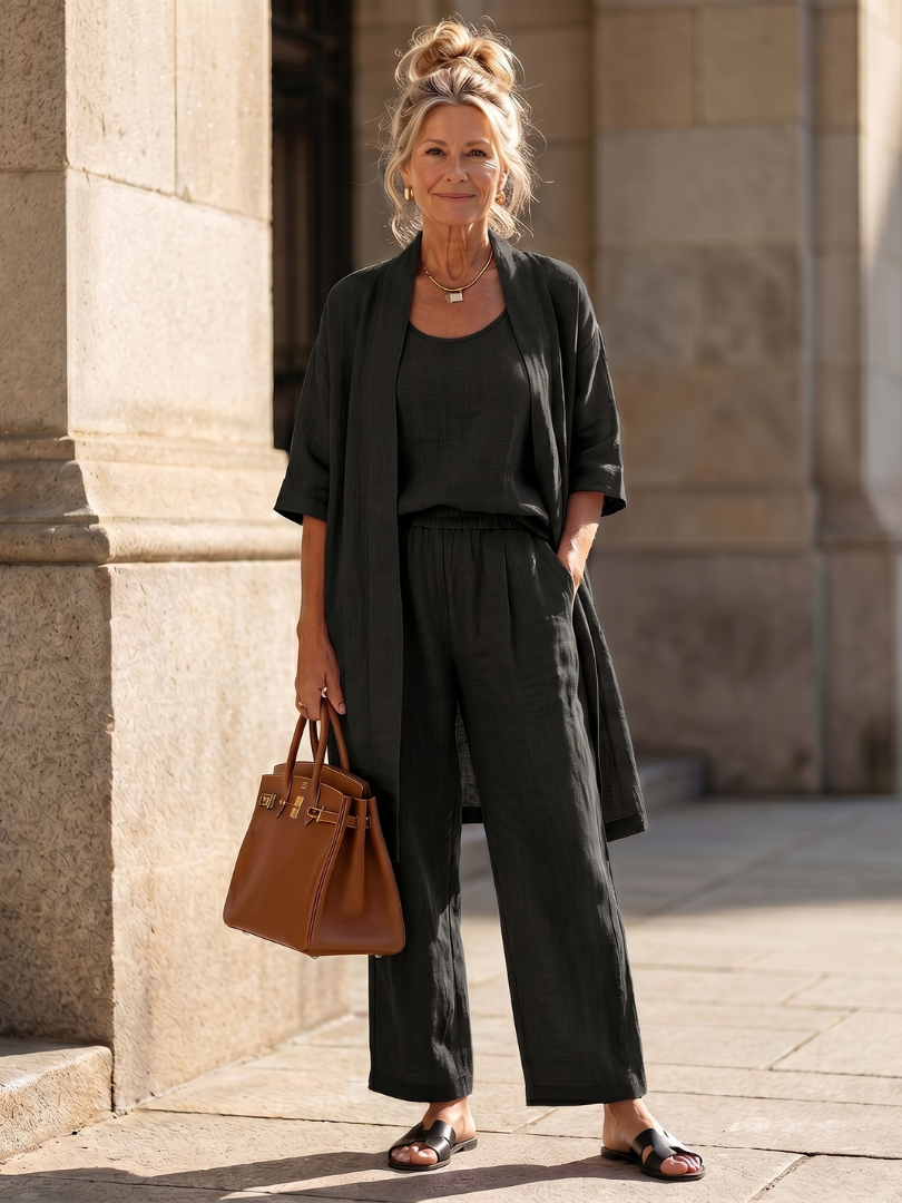 Ensemble 3 pièces en lin pour femmes : top sans manches, pantalon large, cardigan