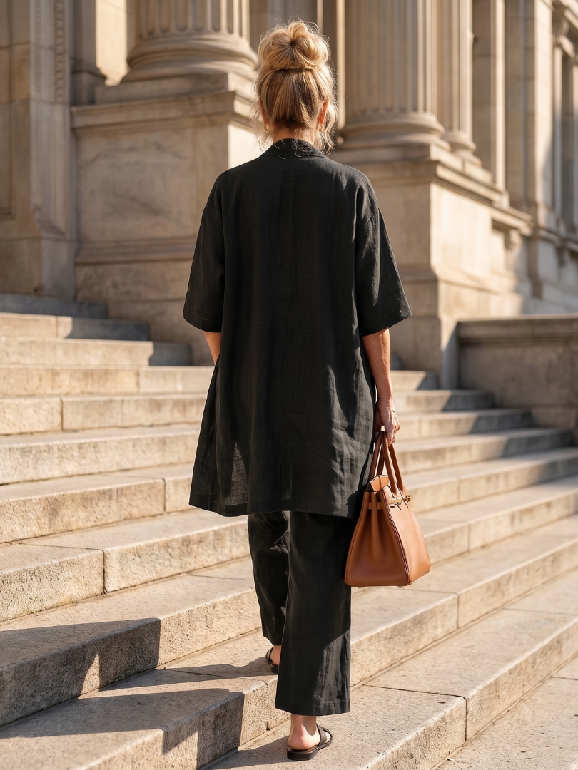 Ensemble 3 pièces en lin pour femmes : top sans manches, pantalon large, cardigan