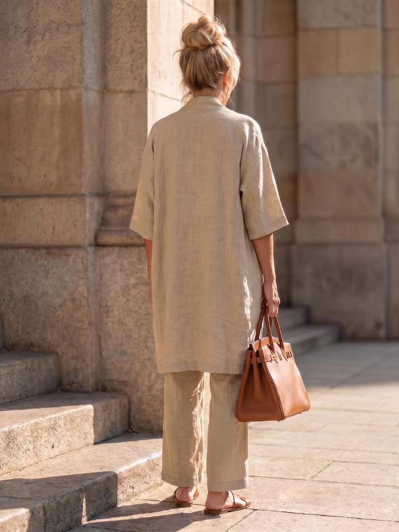 Ensemble 3 pièces en lin pour femmes : top sans manches, pantalon large, cardigan