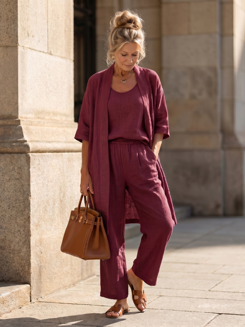 Ensemble 3 pièces en lin pour femmes : top sans manches, pantalon large, cardigan