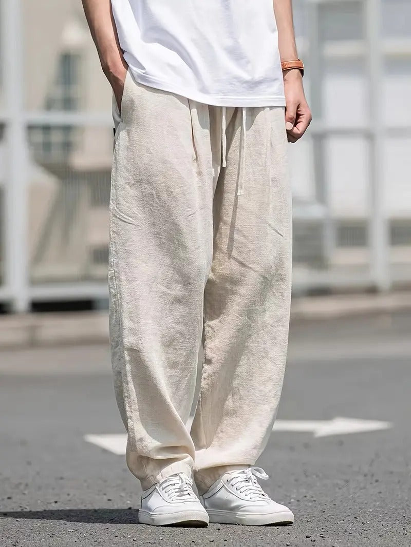 Pantalon en lin homme coupe large taille élastique poches
