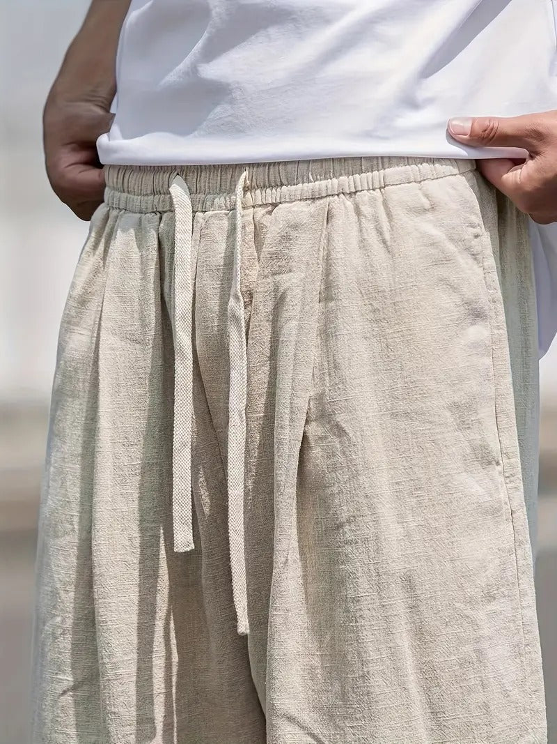 Pantalon en lin homme coupe large taille élastique poches