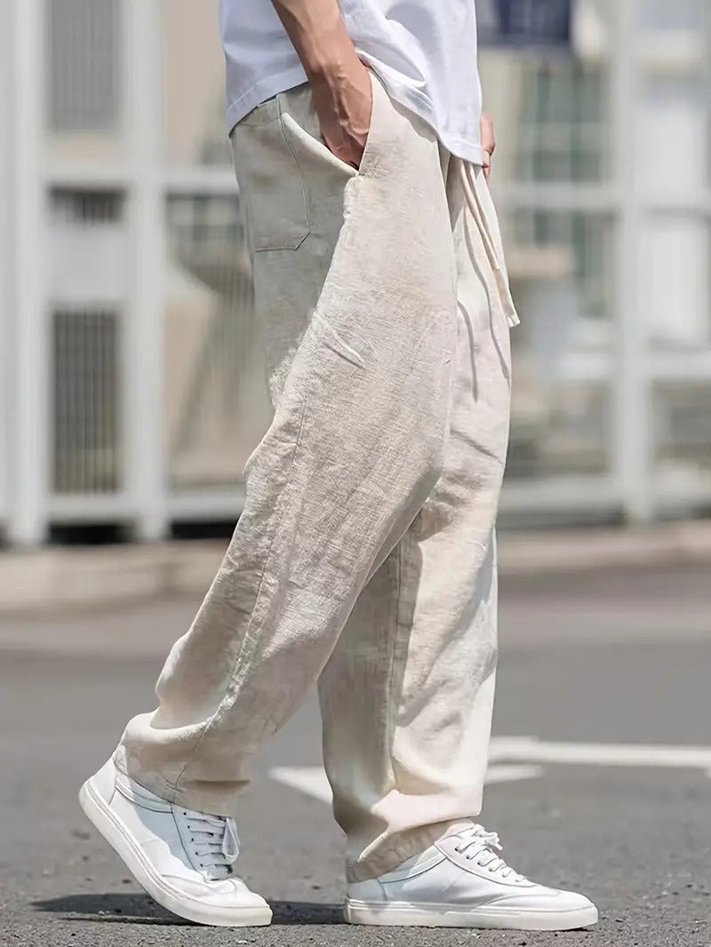 Pantalon en lin homme coupe large taille élastique poches