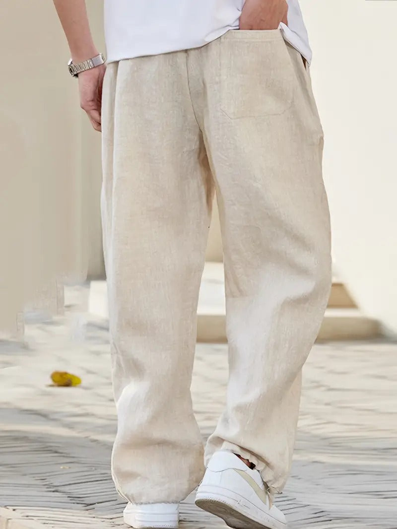 Pantalon en lin homme coupe large taille élastique poches