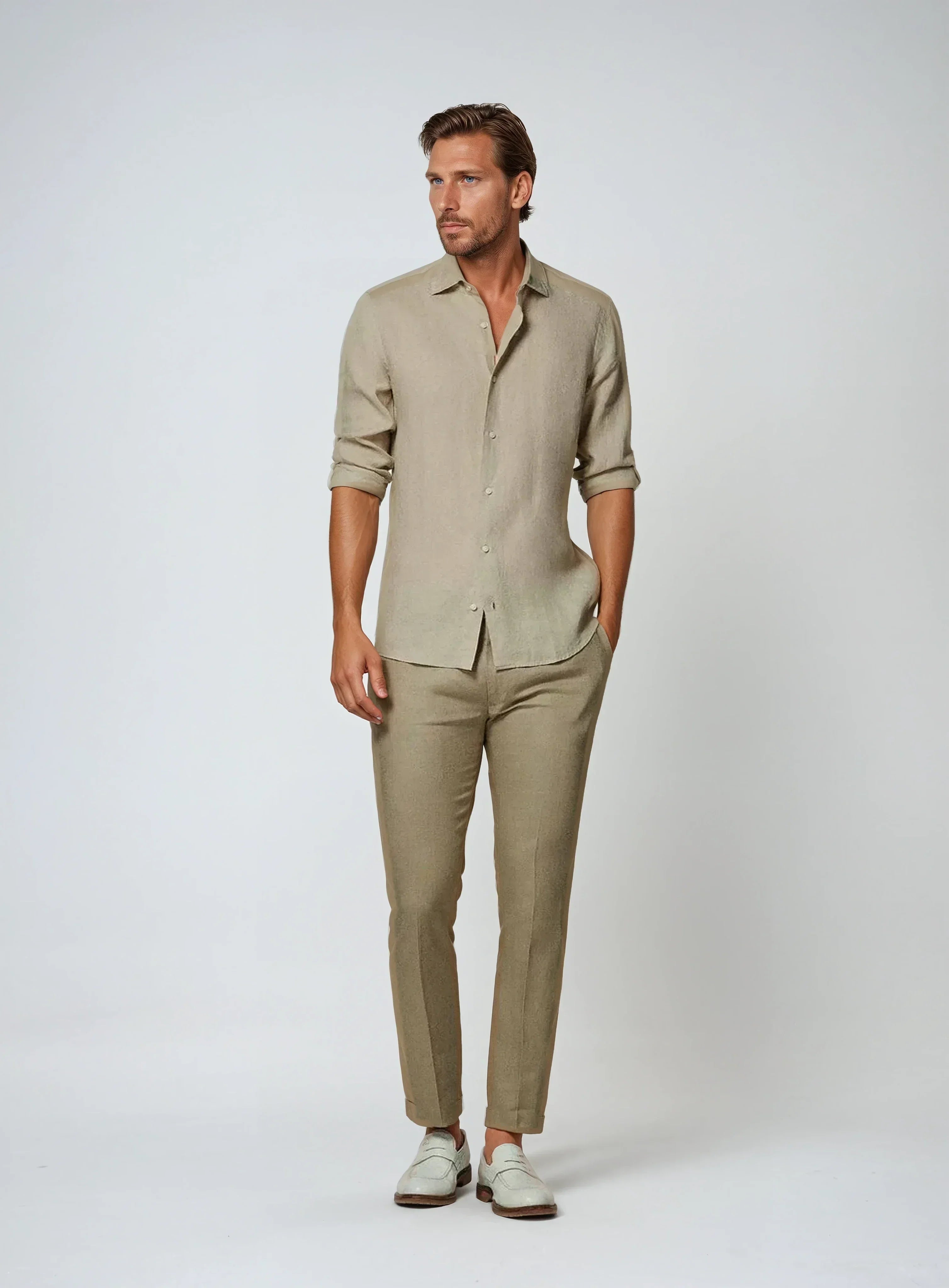 Men's Linen Shirt Long Sleeves Slim Fit Casual