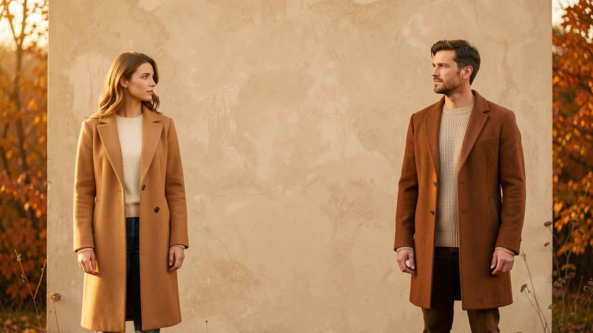 Lumeure herfstcollectie - dames en heren in camel wollen jassen