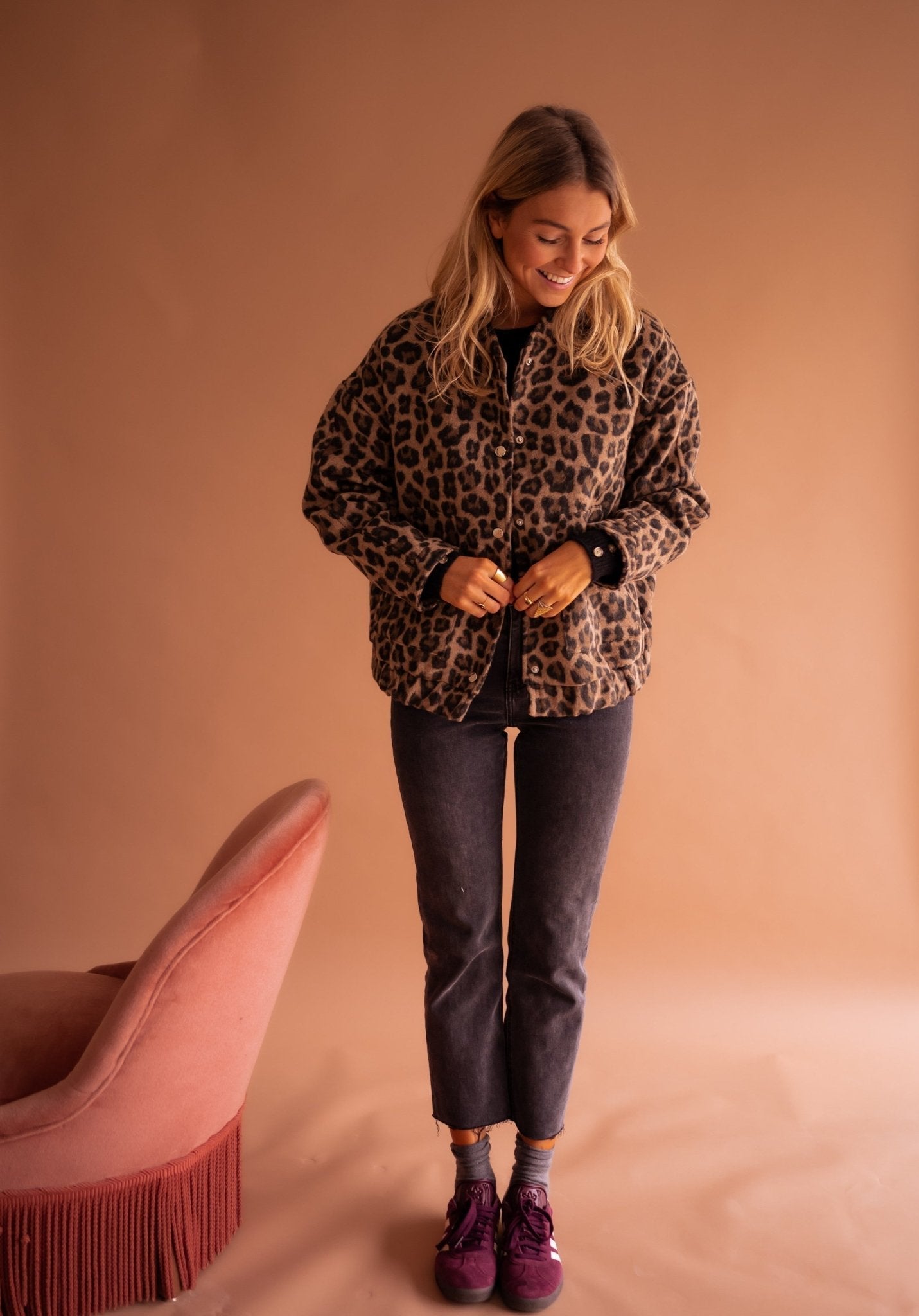 Women's Brown Bomber Jacket with Leopard Print and Comfortable Fit
