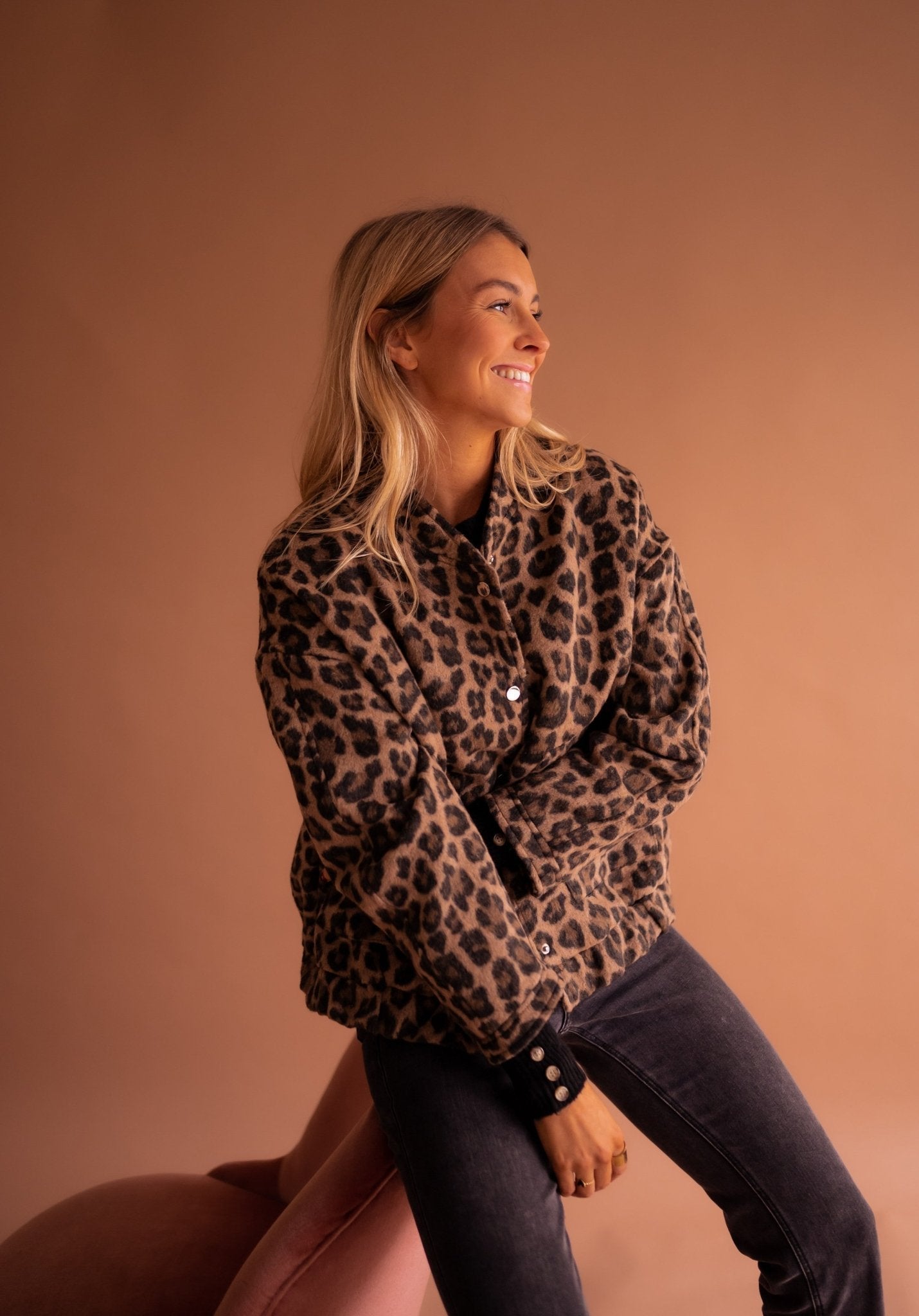 Women's Brown Bomber Jacket with Leopard Print and Comfortable Fit